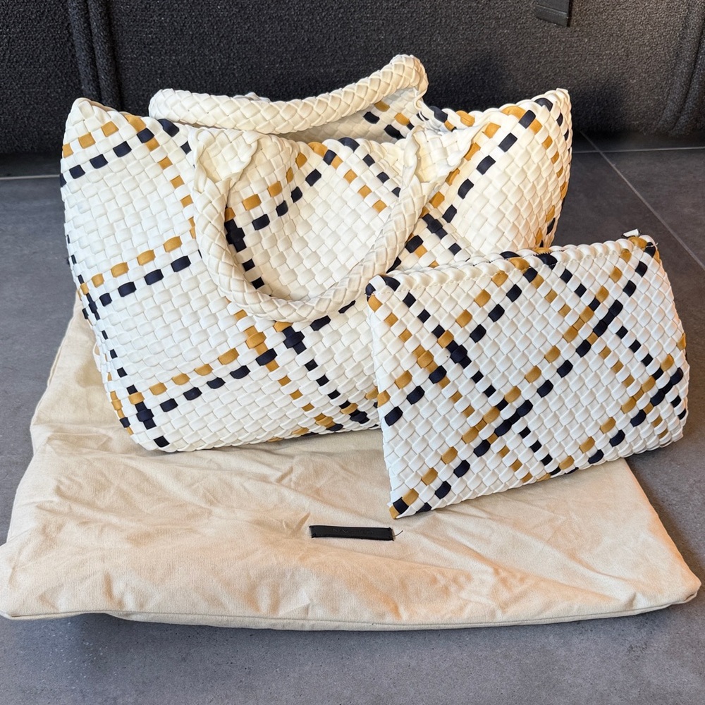 Naghedi White Woven Tote with Black and Gold Check Pattern